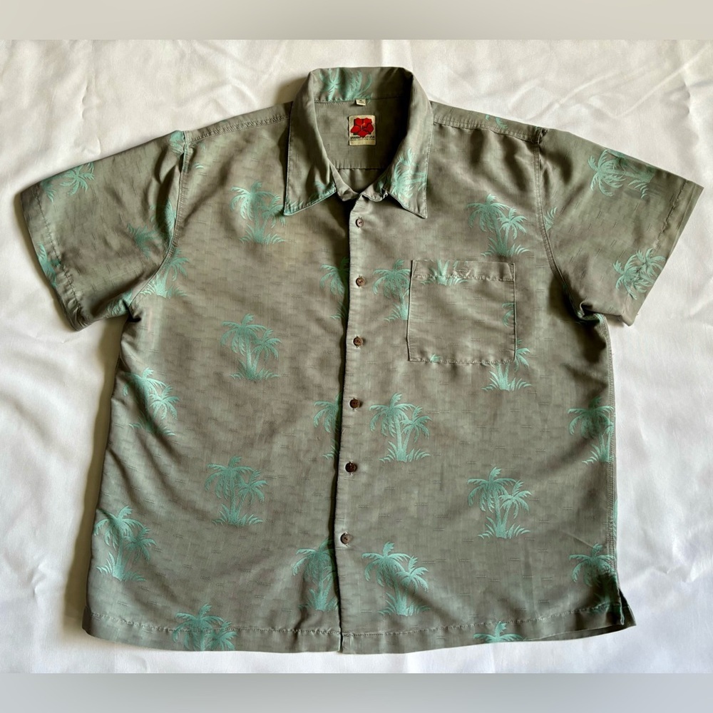 Banana Split USA Men’s XL Hawaiian Shirt Palm Tree Print Gray Viscose Aloha